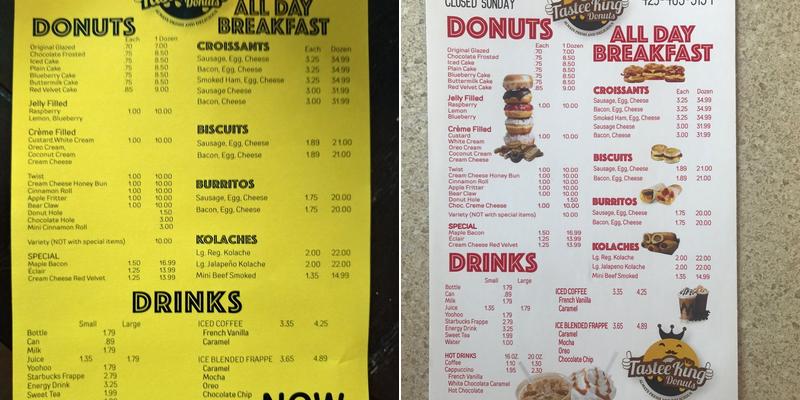 Tastee King Donuts Menu