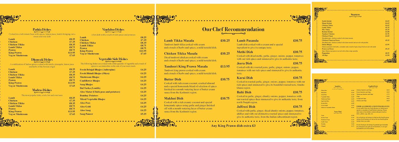 Little India at the plough country inn Menu