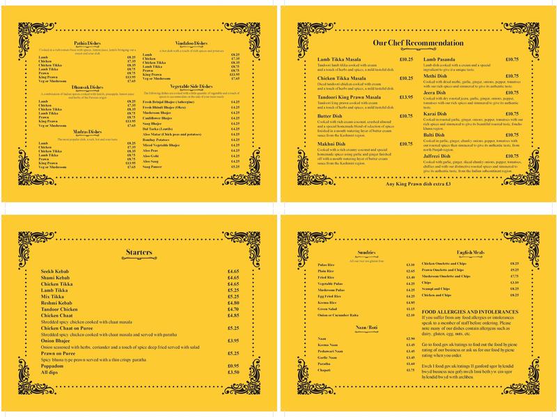 Little India at the plough country inn Menu