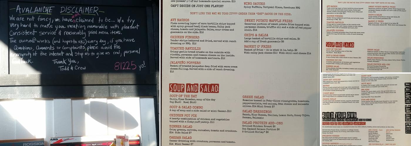 Avalanche Bar & Grill! Menu
