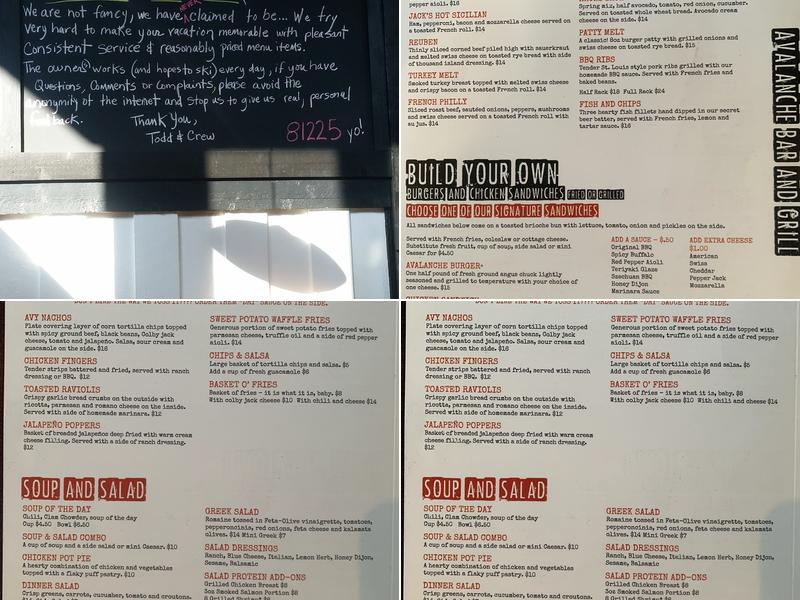 Avalanche Bar & Grill! Menu
