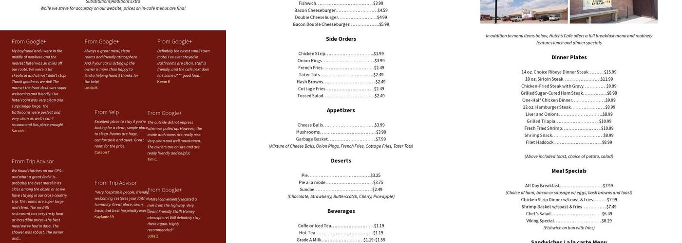 Hutch's Motel, Cafe & Lounge Menu