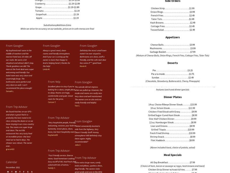 Hutch's Motel, Cafe & Lounge Menu
