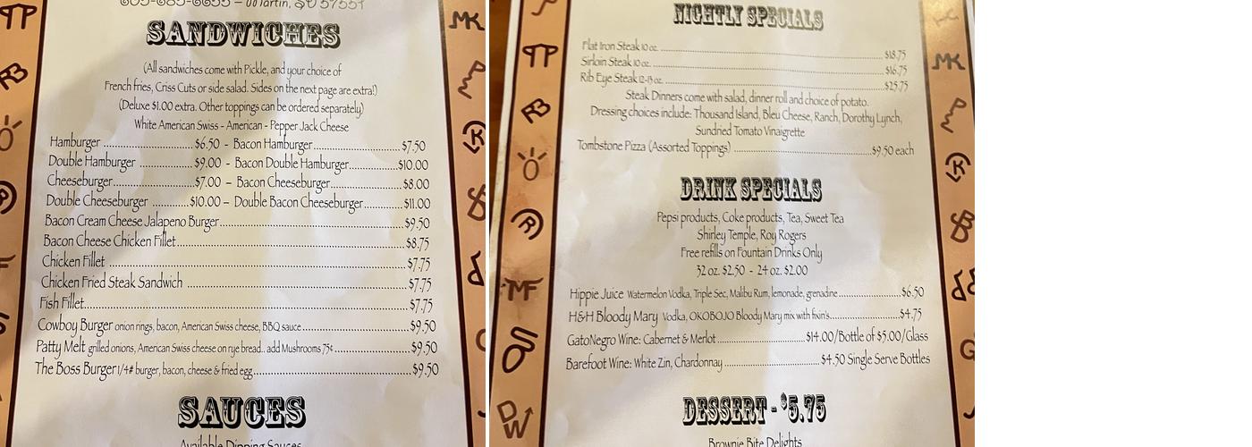 H & H Bar Menu