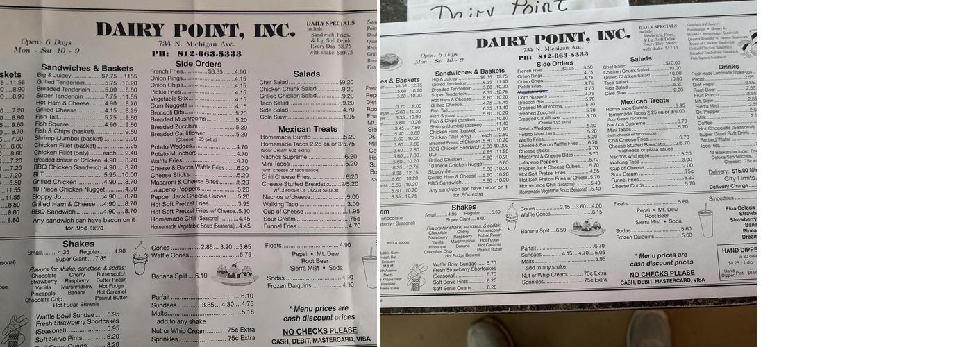 Dairy Point Inc Menu