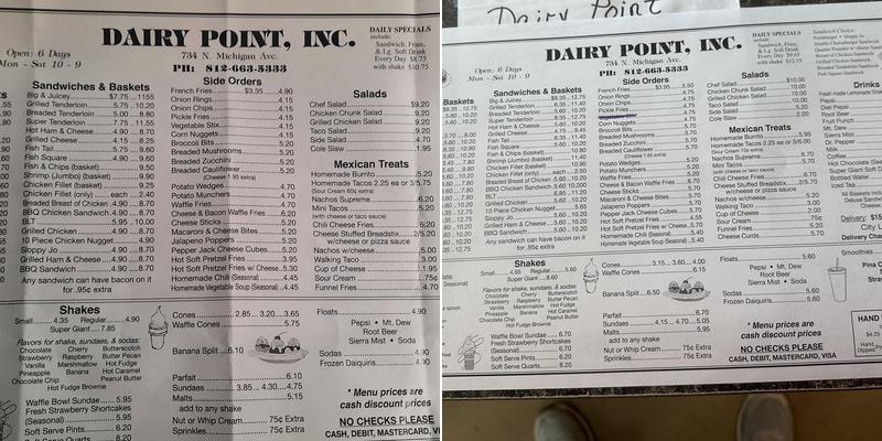 Dairy Point Inc Menu