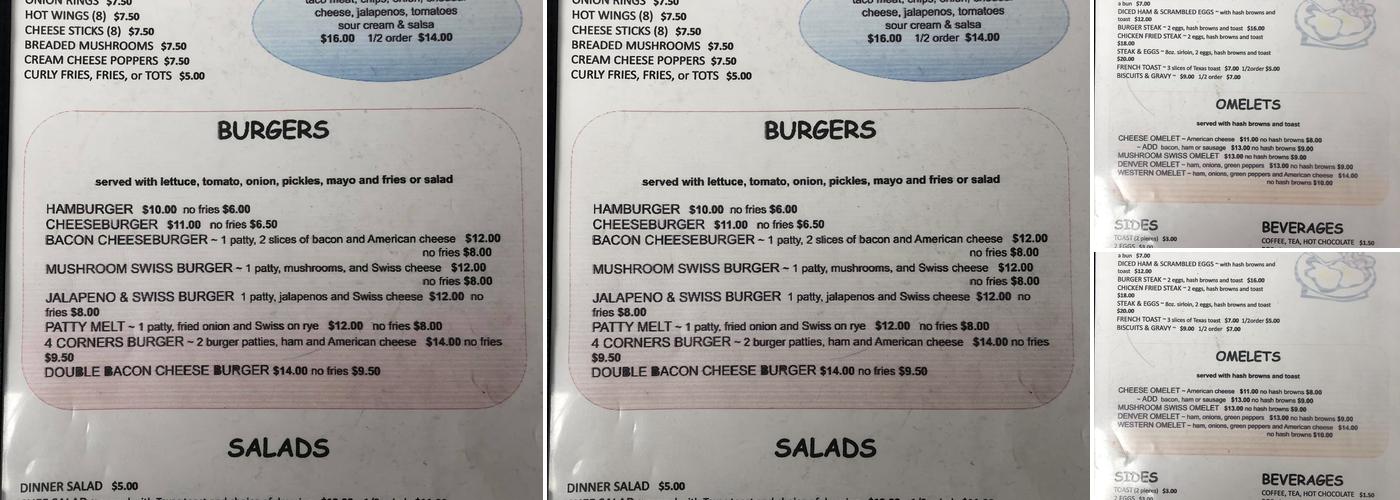 4 Corner Bar & Cafe Menu