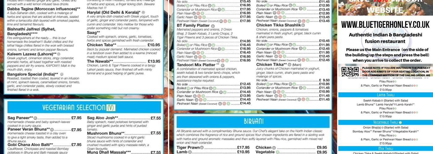 Blue Tiger Honley Menu