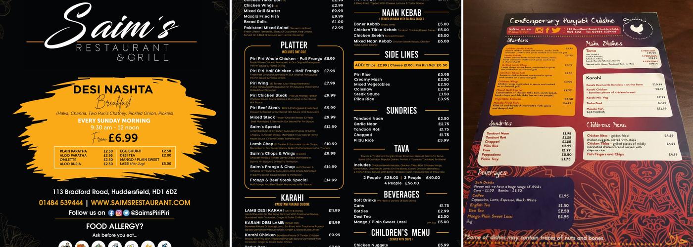 Saim's Restaurant Menu