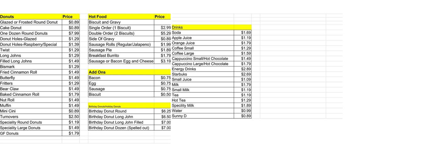 Daylight Donuts Menu