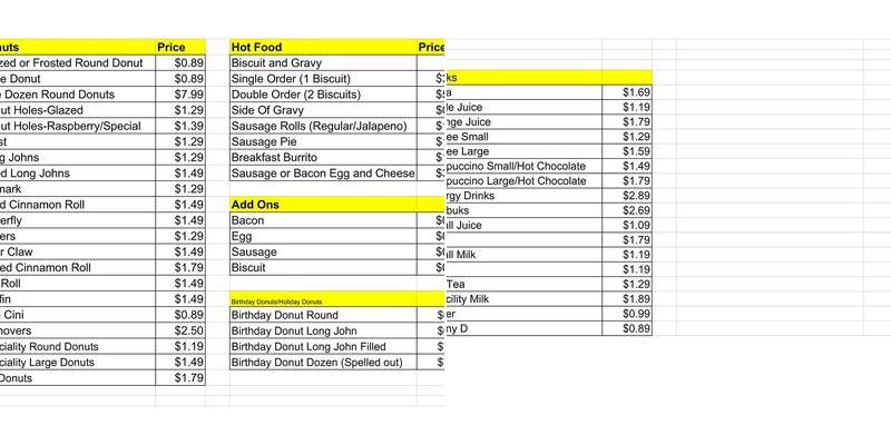 Daylight Donuts Menu