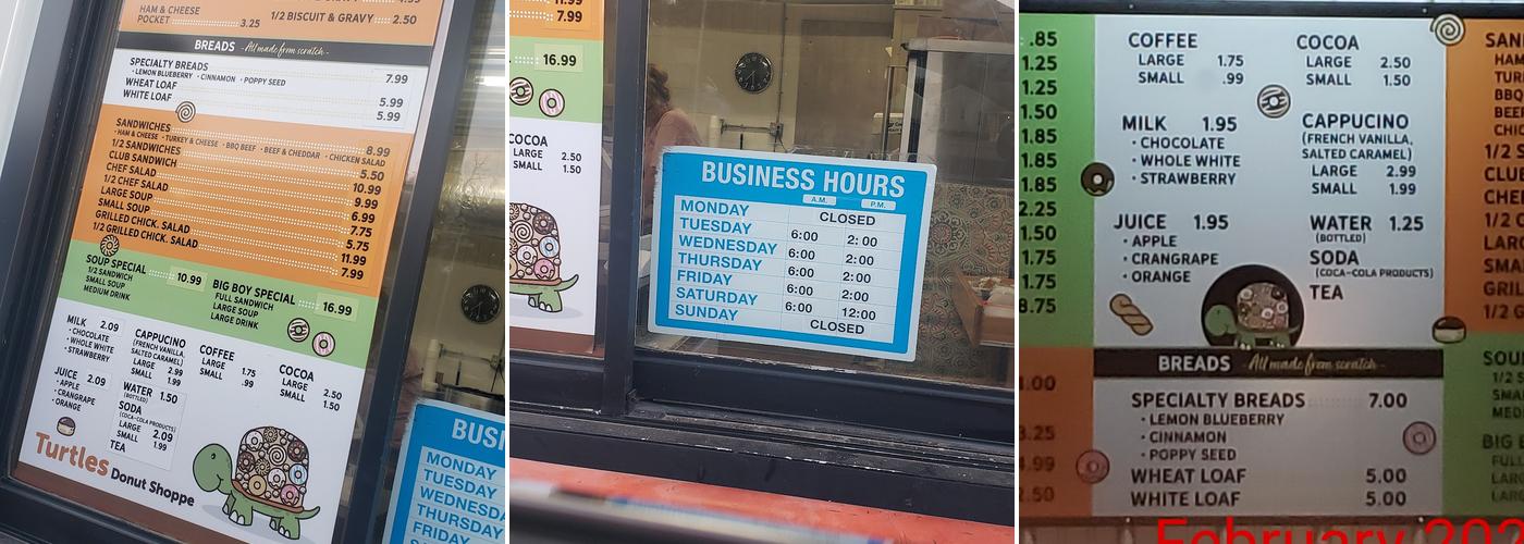 Turtle's Donut Shoppe Menu