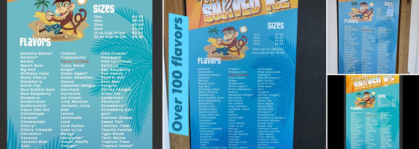 Funky Monkeys Shaved Ice Menu