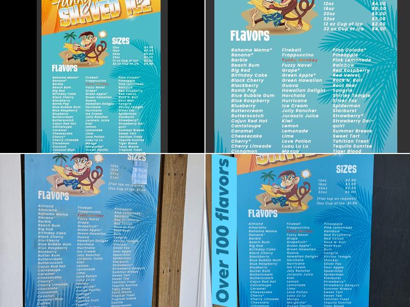 Funky Monkeys Shaved Ice Menu
