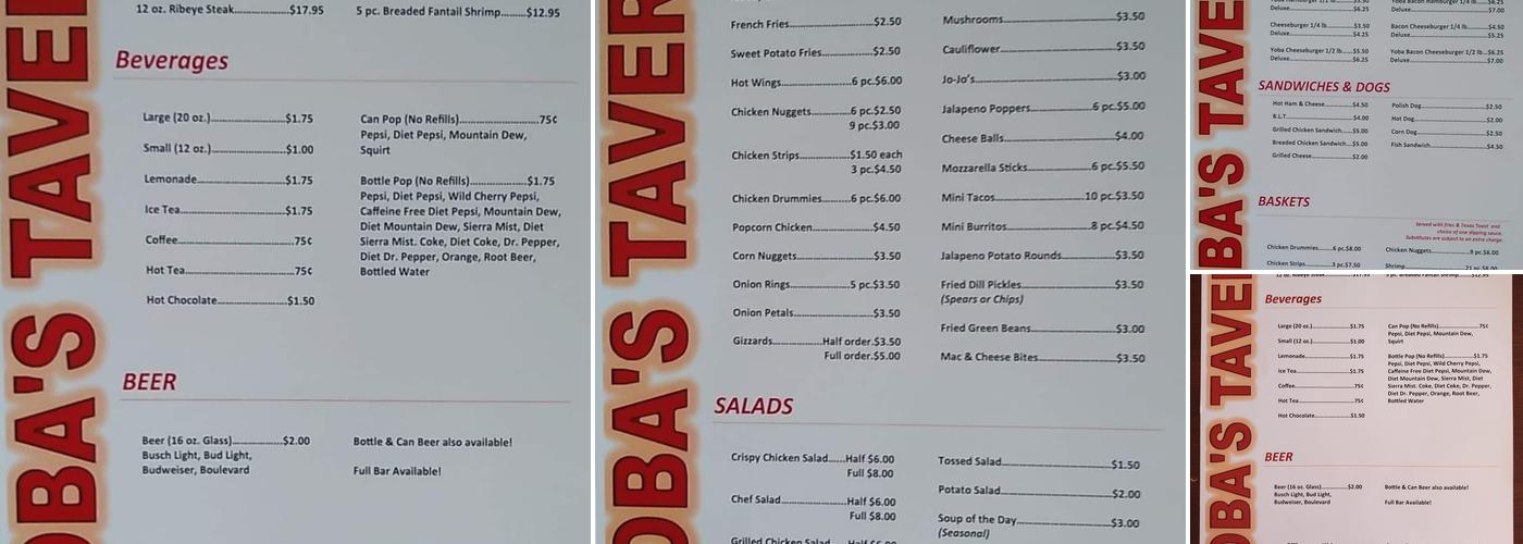 Yoba's Tavern Menu