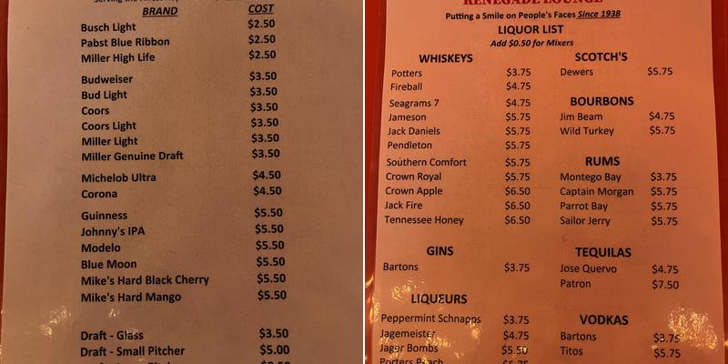 Renegade Lounge Menu