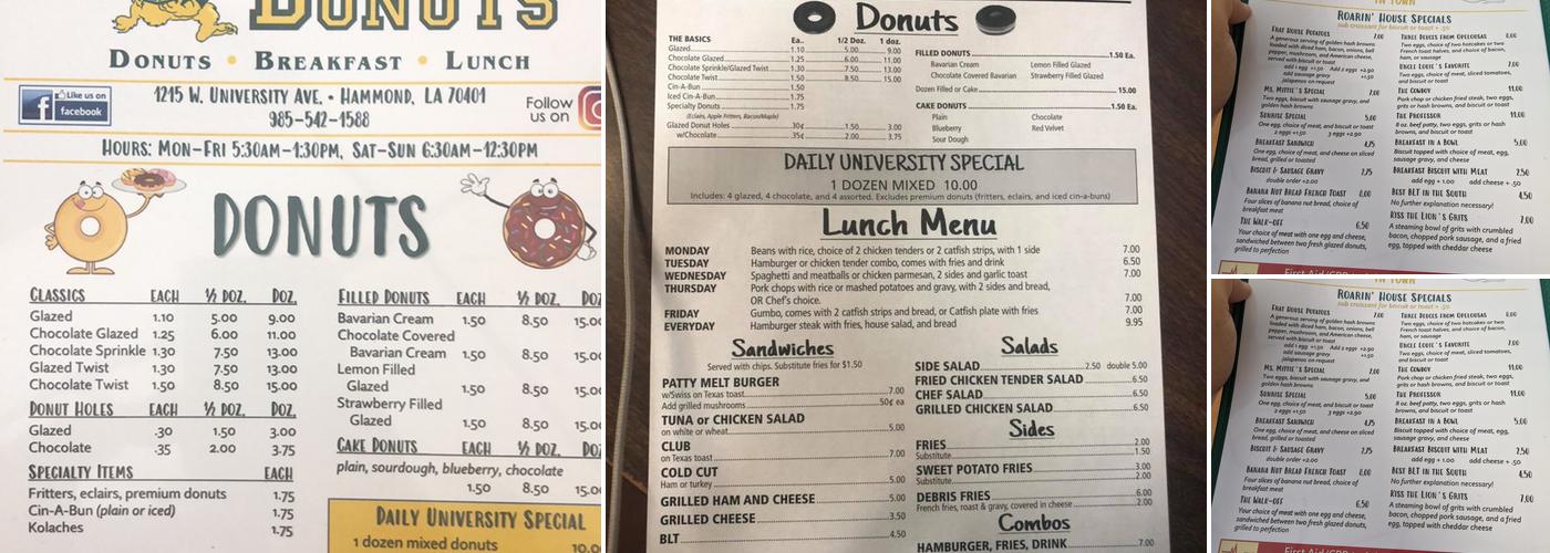 University Donuts Menu