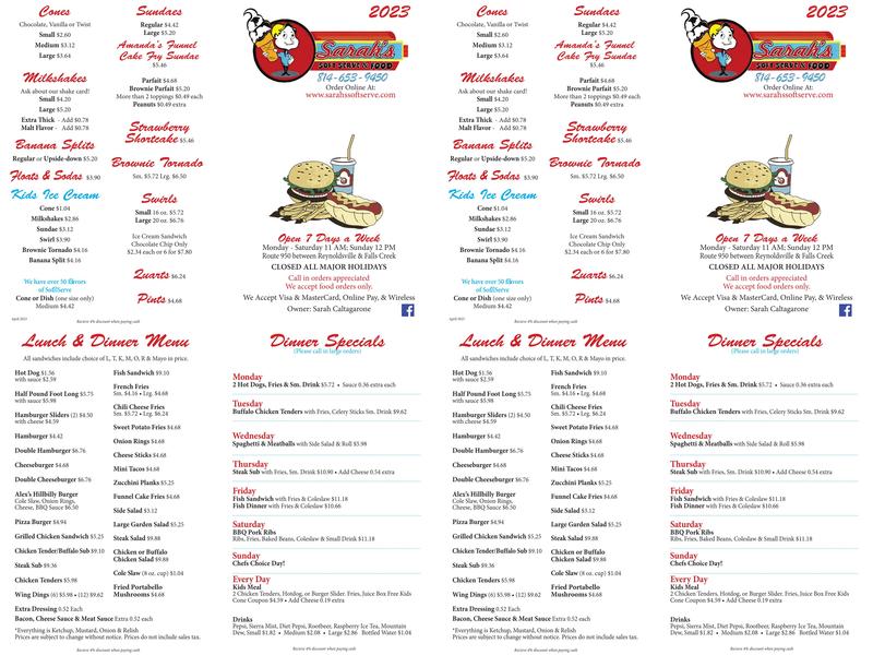 Sarah's Soft Serve & Food Menu