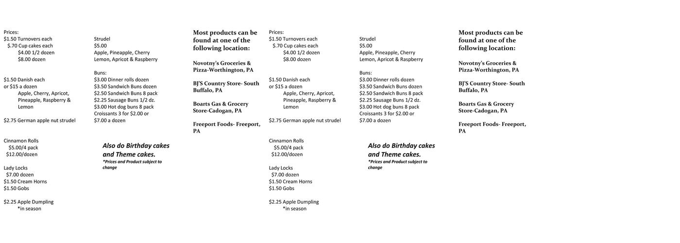 Meighan's Bakery Menu