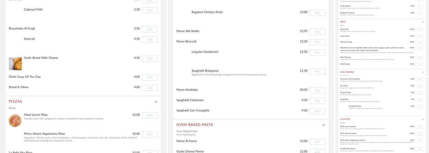 Primo Amore Italian Restaurant Mold Menu