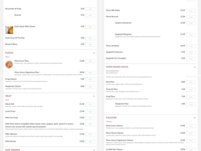 Primo Amore Italian Restaurant Mold Menu