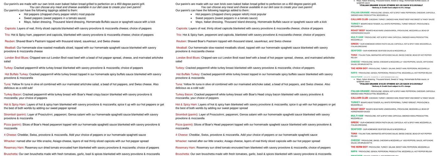 Calliari Bakery and Italian Deli Grocery Menu