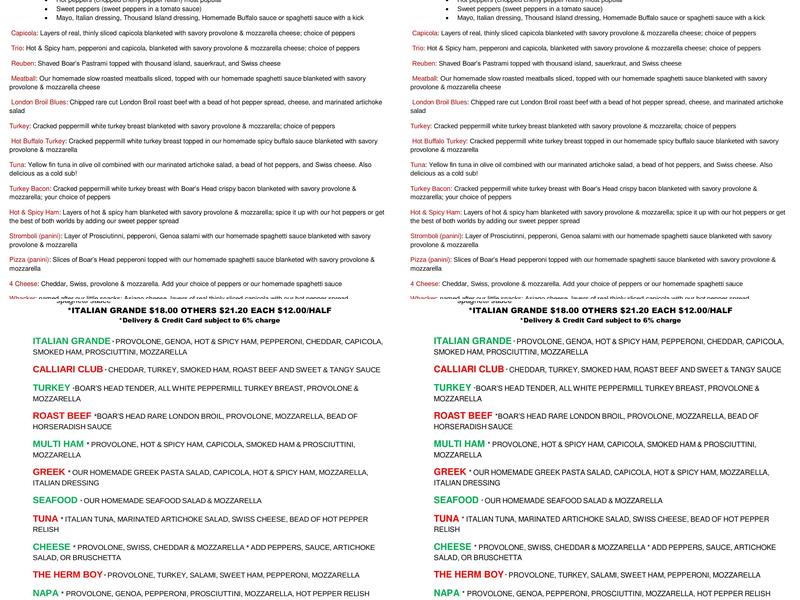 Calliari Bakery and Italian Deli Grocery Menu