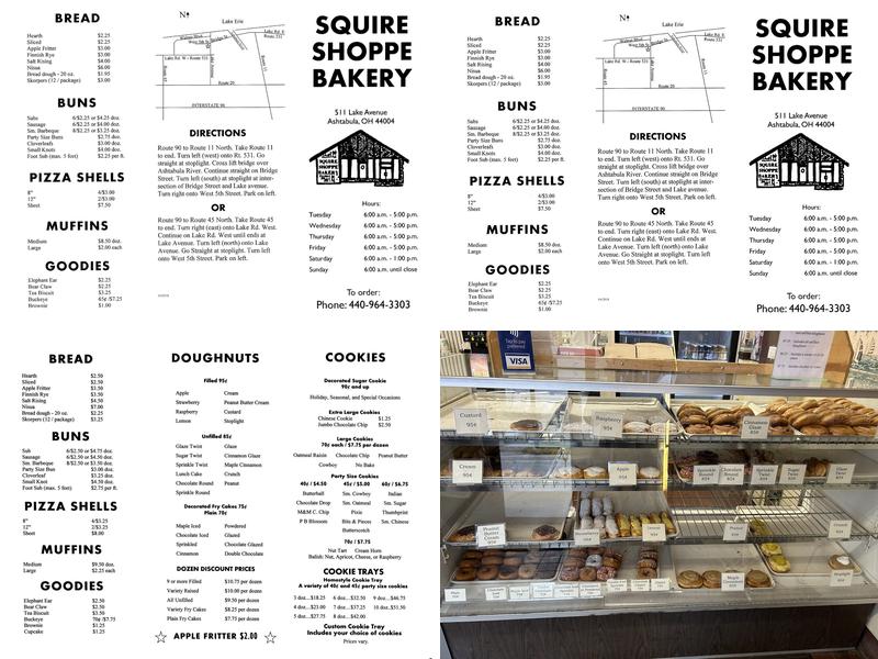 Squire Shoppe Bakery Menu