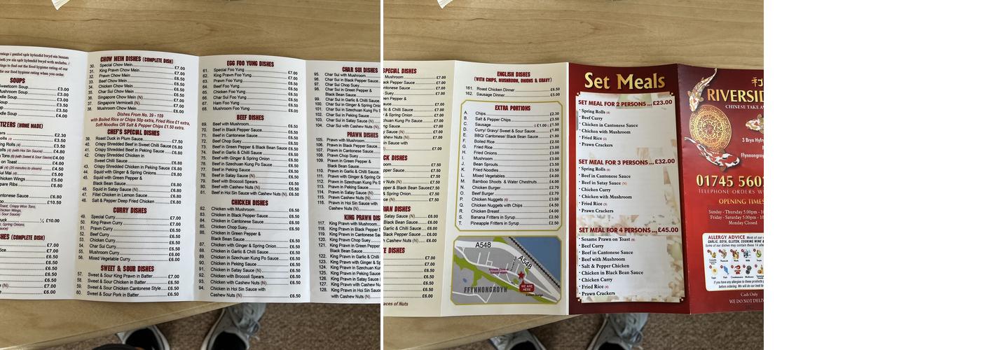 Riverside Chinese Takeaway Menu