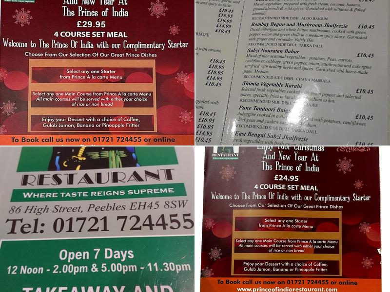 Prince of India Menu