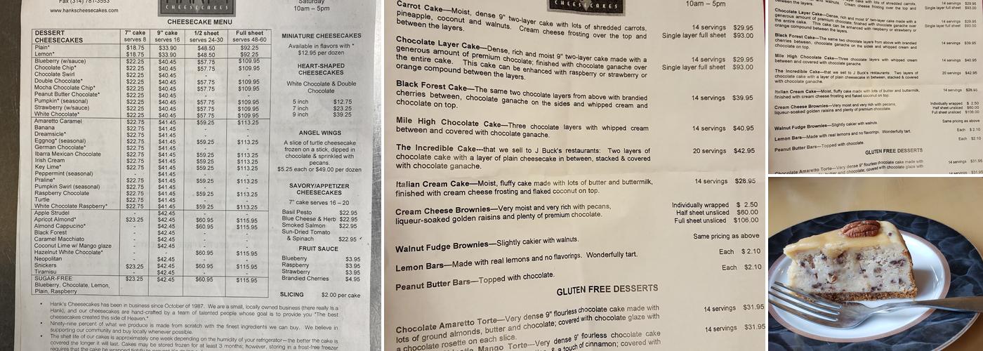 Hank's Cheesecakes Menu