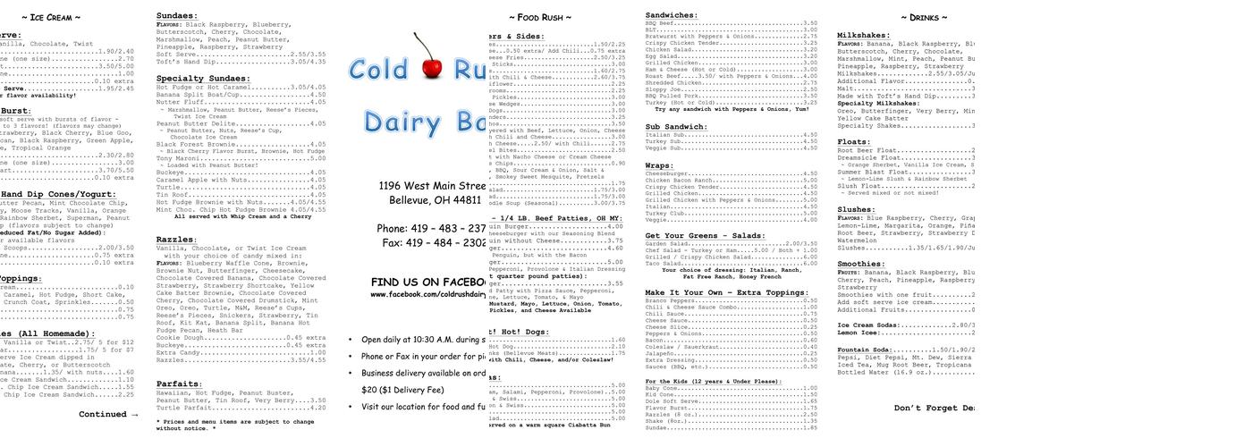 Cold Rush Dairy Bar Menu