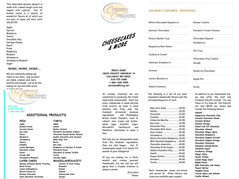 Creamy Creations Menu