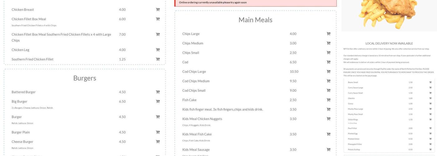 North Petherton Fish Bar Menu