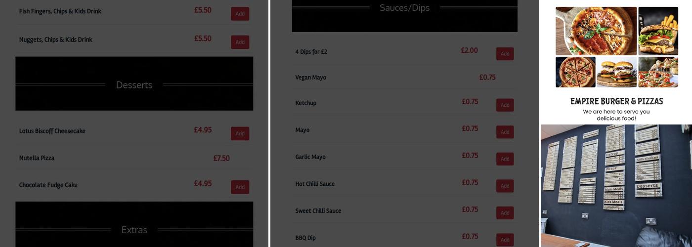 Empire Burger and Pizzas Menu