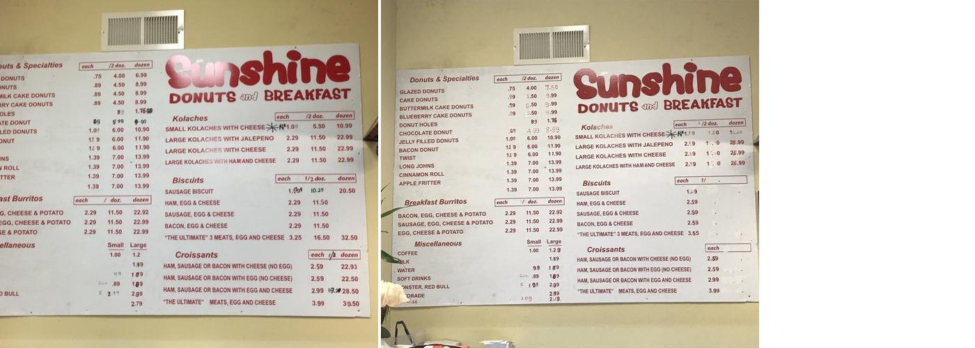 SUNSHINE DONUTS Menu