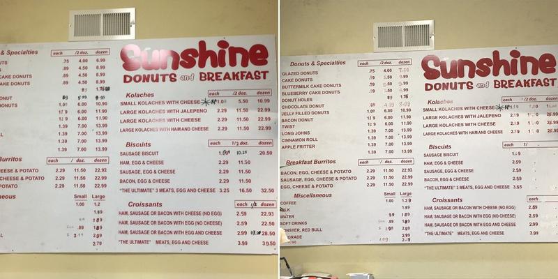 SUNSHINE DONUTS Menu