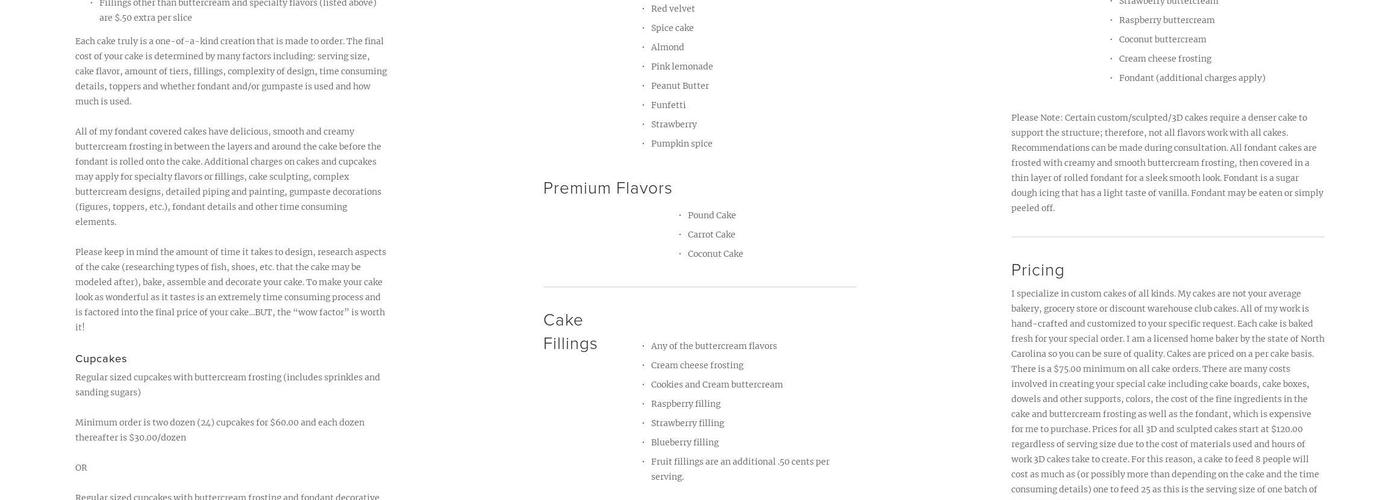 Creative Cakes by Allison Menu