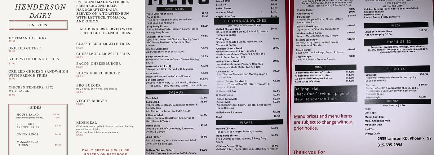 New Henderson Dairy Menu