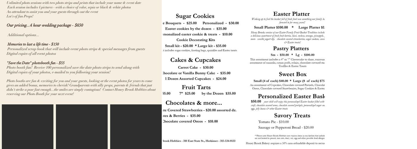 Honey Brook Hobbies Menu