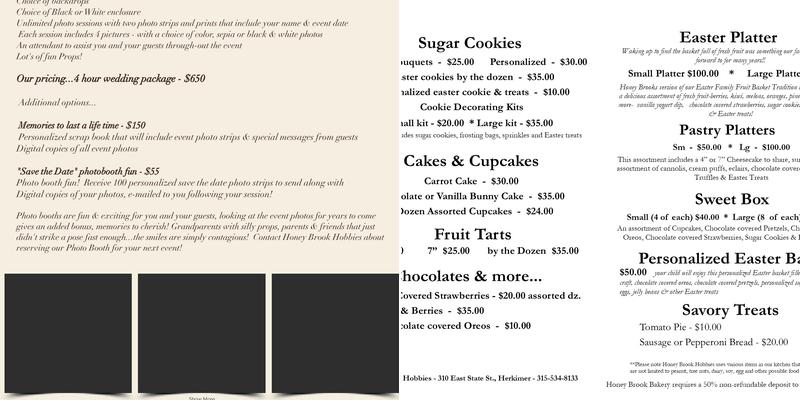Honey Brook Hobbies Menu