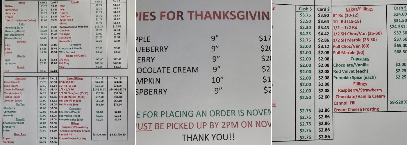 Friendly Bake Shop Menu