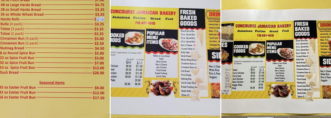Concourse Jamaican Bakery Menu