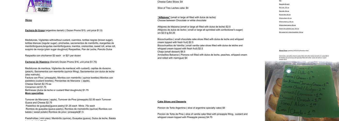 Argentina Bakery Menu