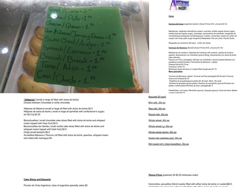 Argentina Bakery Menu