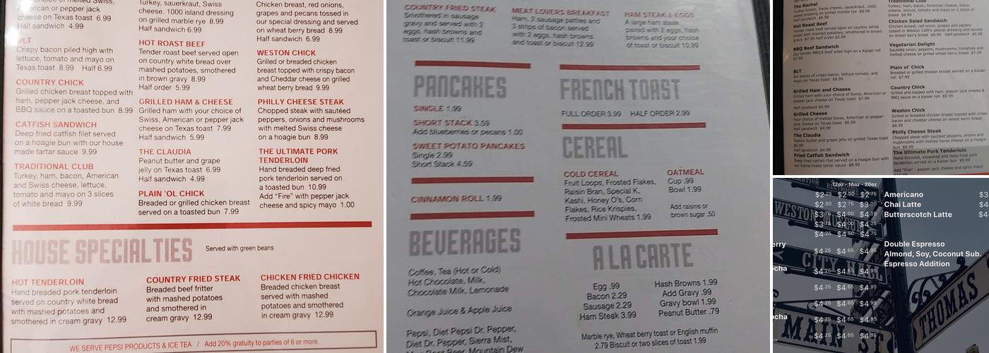 Weston Coffee Roastery Menu