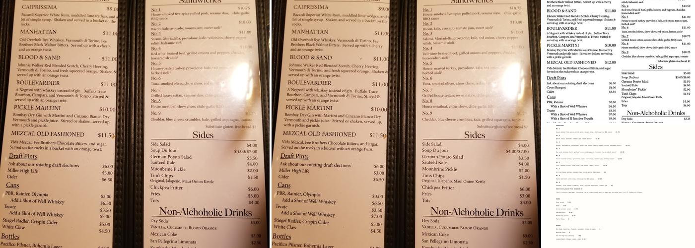 No Fun Bar Menu