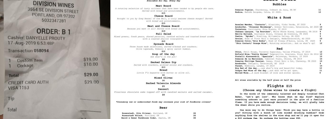 Division Wines Menu