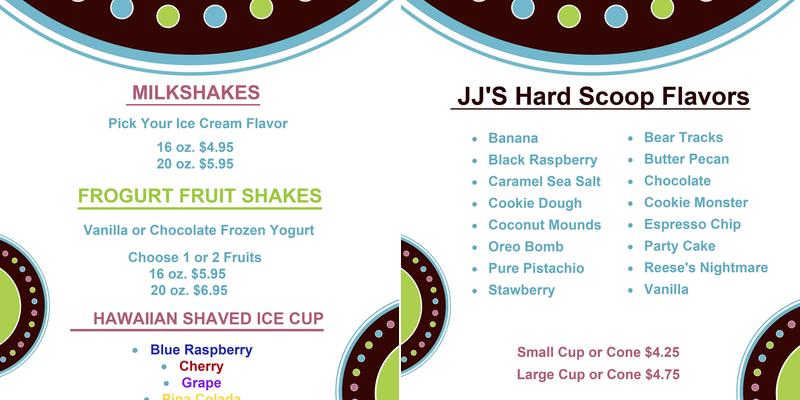 JJ's Scoop House Menu