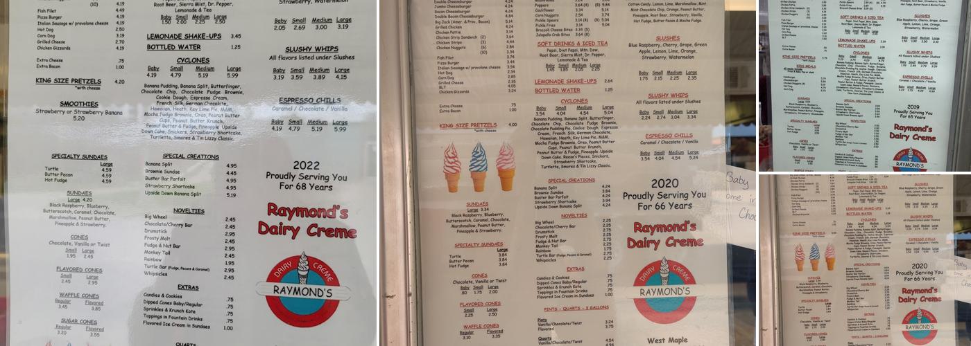 Raymonds Dairy Creme Menu